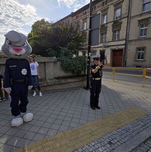 kolorowe zdjęcia na których widać Policjantów oraz Stażników Miejskich uczących pierwszoklasistów korzystać z przejścia dla pieszych. Rozmowy w klasie oraz praktyka na zewnątrz